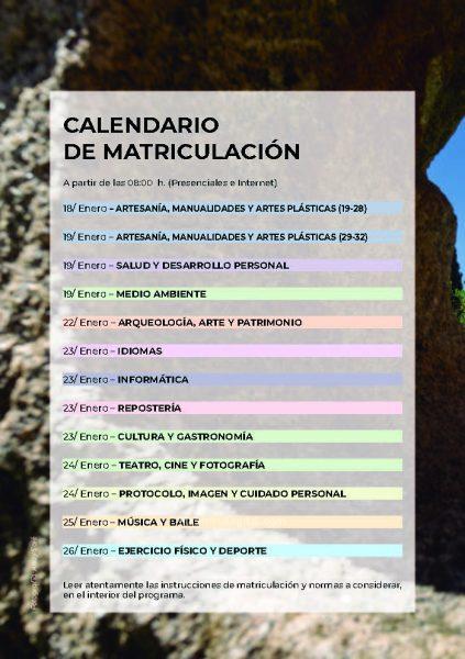 Calendario matriculación cursos Universidad Popular de Plasencia